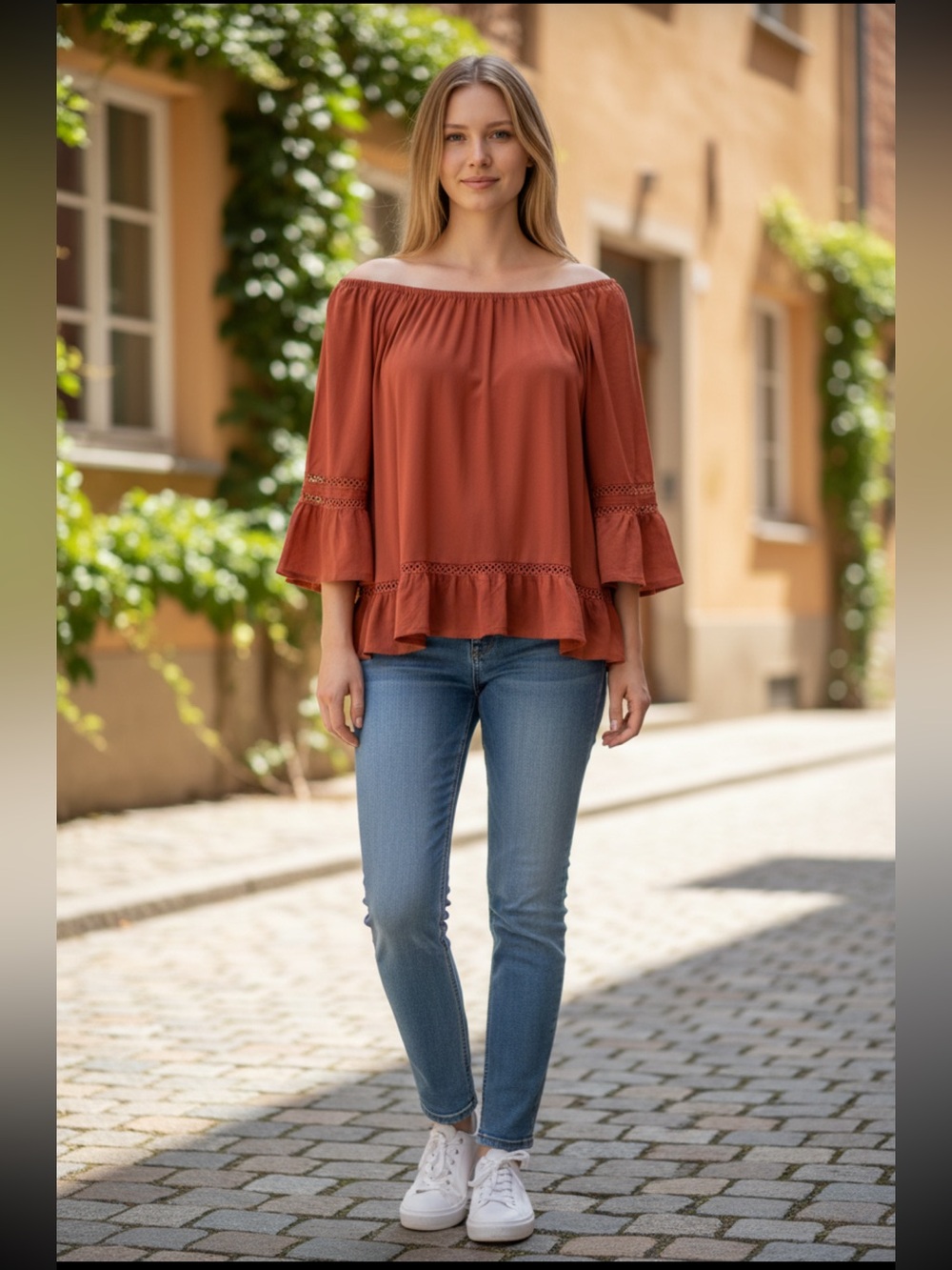 Elegant Studio jpr Terracotta Blouse with Crochet Accents On-Off Shoulder R$50